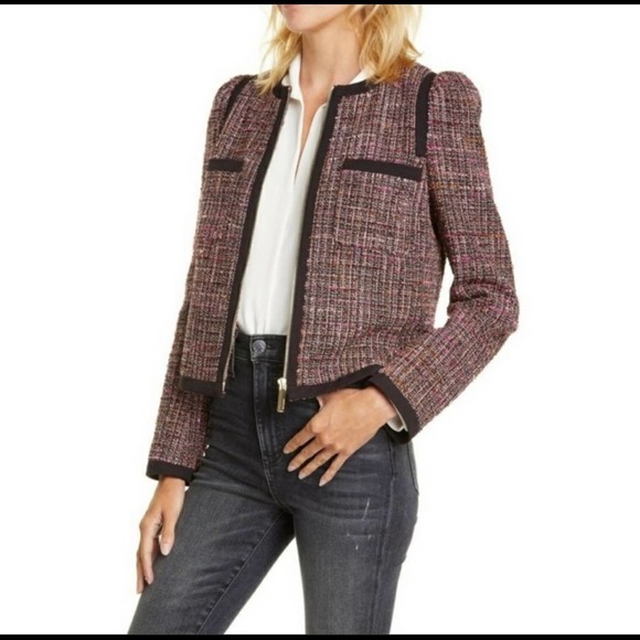 Kate Spade Pink Puff Sleeve Tweed Zipper Jacket Blazer Womens Size 0